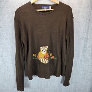 LeRoy Knitwear VTG Large Sweater Brown Embroidered Racoon Long Sleeve Fall